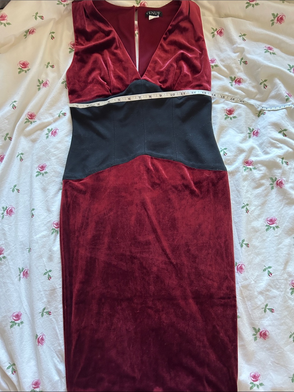VENUS Burgundy Velvet Dress with Black Waist Panel